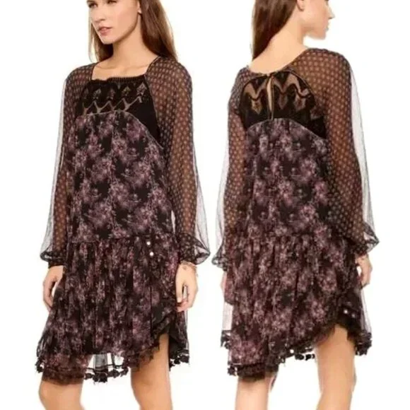 Free People Women's Midnight Garden Combo Sheer Long Sleeve Elsie Dress XS/TP - Picture 1 of 14